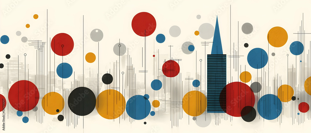 Abstract City Skyline with Colorful Circles and Geometric Shapes Abstract City Skyline with Colorful Circles and Geometric Shapes