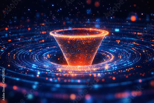 An abstract funnel with different marketing inputs converging into a unified, successful strategy in a high-tech digital environment