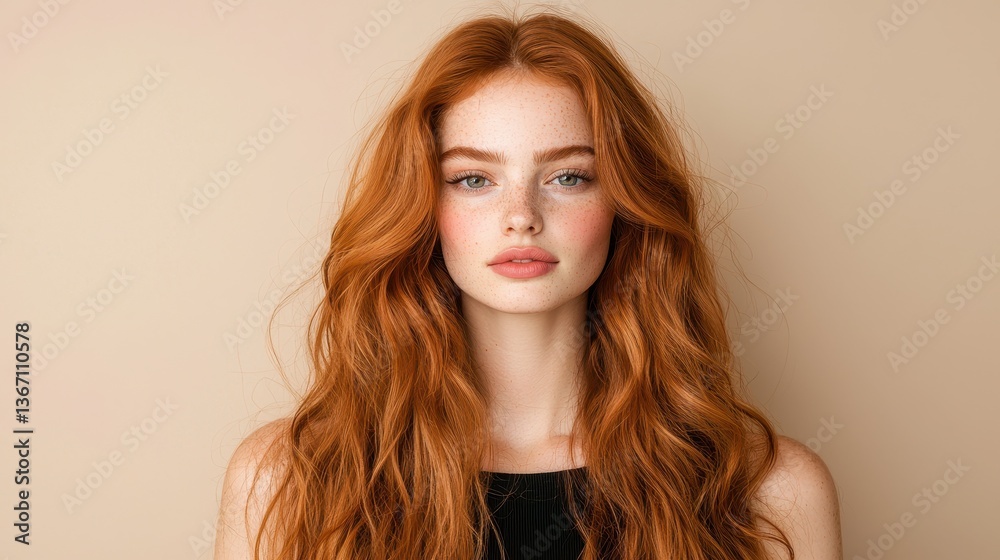 Captivating Close-up of Beautiful Redhead Woman with Long Wavy Hair Against Soft Neutral Background Captivating Close-up of Beautiful Redhead Woman with Long Wavy Hair Against Soft Neutral Background