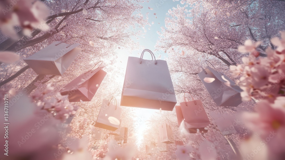 Naklejka premium Colorful shopping bags falling with sakura tree on color background,spring season sale, shopping online season,holiday winter shopping bags and gift boxes,space for text.
