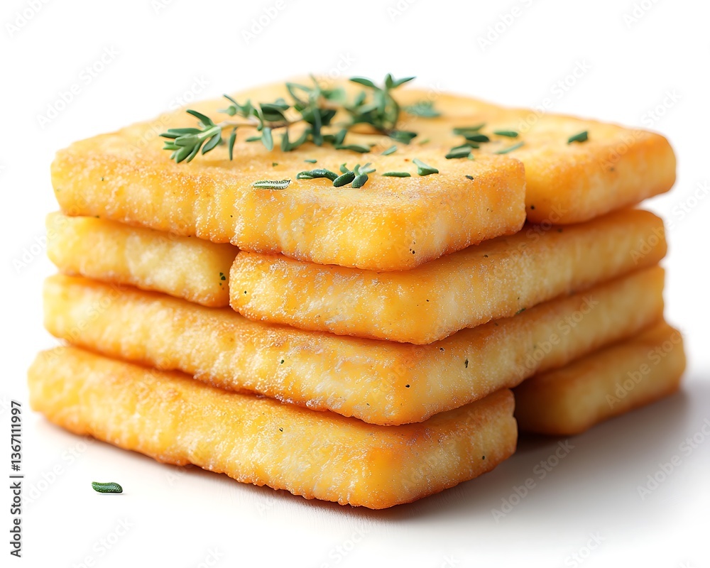 Stack of golden-brown polenta squares garnished with thyme. Stack of golden-brown polenta squares garnished with thyme.