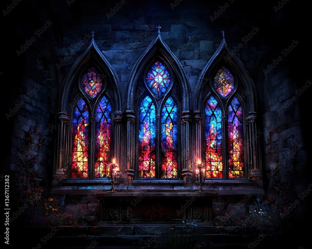 Obraz premium Stunning Gothic Architectural Illustration with Colorful Stained Glass Windows and Golden Accents, Perfect for Dark Themed Art and Design Projects