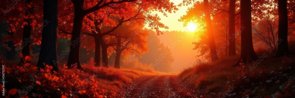Fototapeta premium Golden hour illuminates crimson, russet autumn woods , illustration, sunrays
