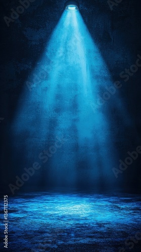 Dark room illuminated by a single bright light source from the ceiling creating shadows