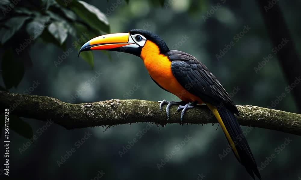 A vibrant toucan bird with black, orange, and yellow feathers perches on a tree branch. A vibrant toucan bird with black, orange, and yellow feathers perches on a tree branch.