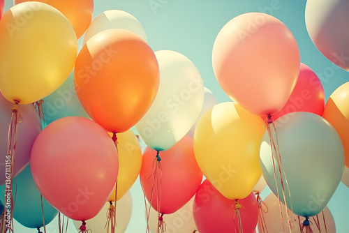 multicolor balloons with a retro instagram filter effect, concept of happy birthday in summer and wedding honeymoon party (Vintage color tone)