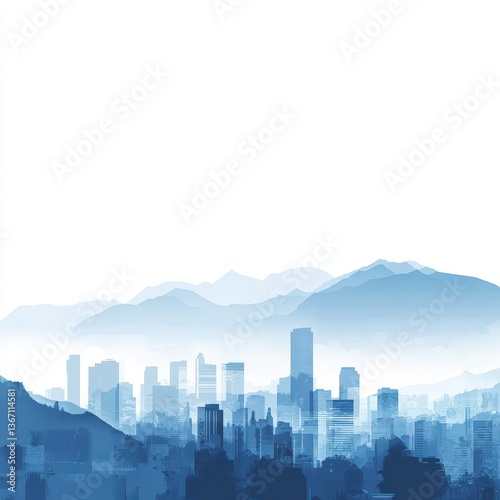 An abstract cityscape is layered behind a range of mountains