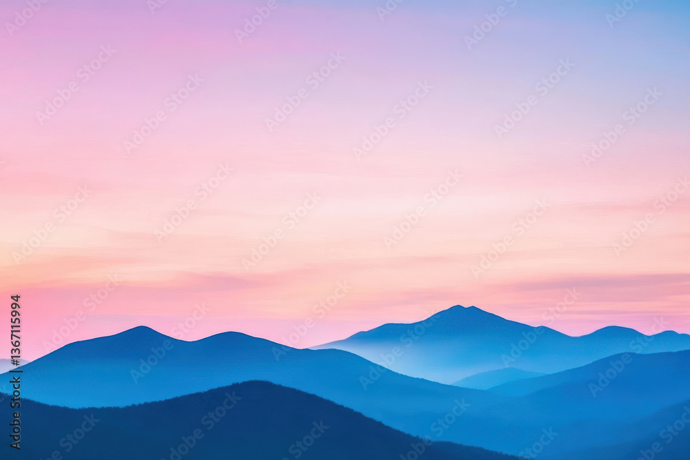 Fototapeta premium Minimalist mountain landscape with pink sunrise. Serene scenery for website background, poster or calming design. Nature and travel concept with copy space.