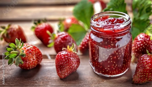 Wallpaper Mural A jar of strawberry jam surrounded by fresh strawberries on a wooden surface, showcasing vibrant colors and a rustic aesthetic. Torontodigital.ca