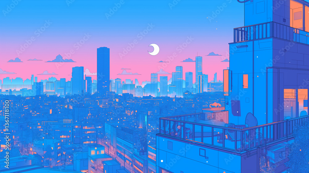 Obraz premium 幻想的な満月が浮かぶ都会の夜景・ネオンカラーが美しい1980年代風レトロポップ都市風景イラスト・青とピンクの鮮やかな色彩・ノスタルジックでエモーショナルな夜の街・未来的な都市背景素材