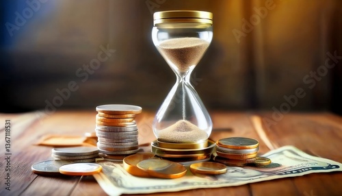 An hourglass surrounded by coins and banknotes symbolizes the relationship between time and money in a visually striking way.