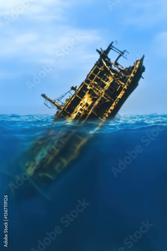 A rusting shipwreck leaking unknown toxins into the ocean, a haunting reminder of environmental neglect.