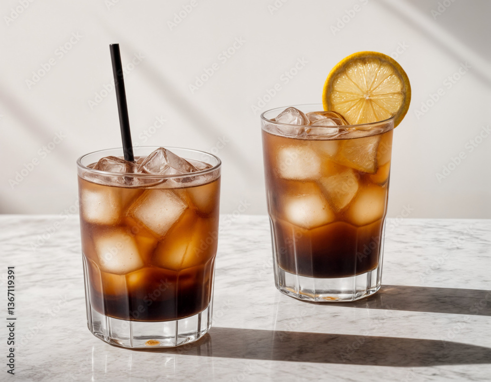 A cold lemonade in a glass with lemon, mint and ice on a yellow and white background. The concept of a refreshing and healthy drink on a summer day A cold lemonade in a glass with lemon, mint and ice on a yellow and white background. The concept of a refreshing and healthy drink on a summer day