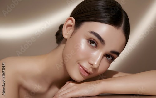 Young attractive woman with flawless skin touching her face delicately