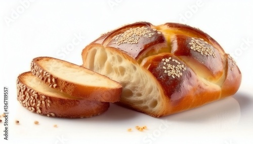 A beautifully braided loaf of bread, featuring a glossy crust and sesame seeds, with slices showcasing its soft, airy texture.