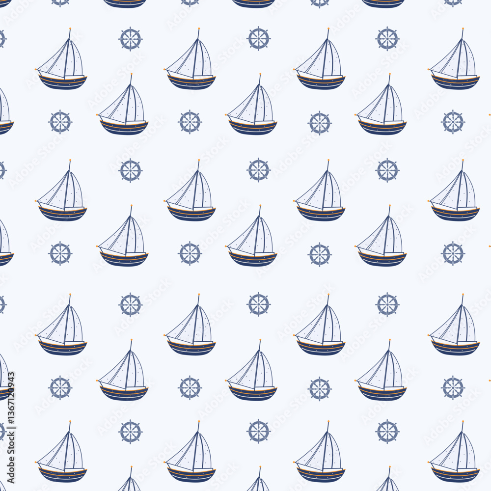 Seamless pattern with sailboats and steering wheel on a light background. Printing on fabric Seamless pattern with sailboats and steering wheel on a light background. Printing on fabric