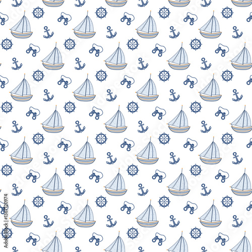 Seamless pattern with sailboats, anchor, steering wheel and lifebuoy on a light background. Textile on fabric