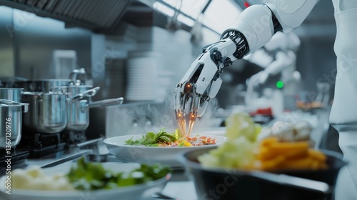 A high tech AI powered robotic chef preparing a gourmet meal in a futuristic restaurant kitchen, glowing cooking process interface, precise ingredient control