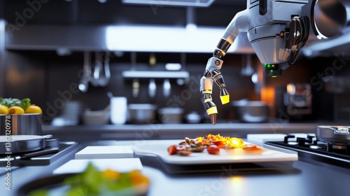 A high tech AI powered robotic chef preparing a gourmet meal in a futuristic restaurant kitchen, glowing cooking process interface, precise ingredient control