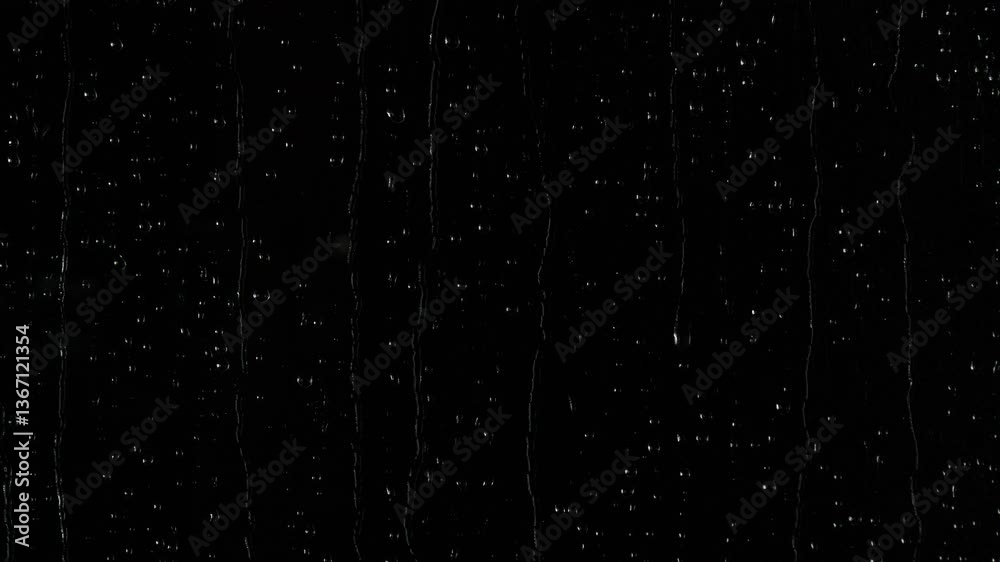 Close-up rain water drops, raindrops texture falling on black window background