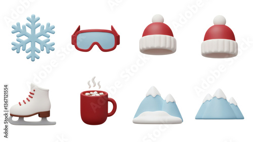 Winter Holiday Icon Set with Snowflake Skate Mug Hats Mountains Isolated