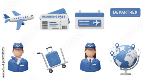 Cute Travel Elements Plane Flight Attendants Globe Ticket Calendar 3D Rendering