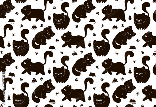 Seamless pattern of adorable black cats in different poses. Cartoon cats hand drawn seamless pattern. Animal seamless background, cute vector texture for bedding, fabric, wallpaper, wrapping paper, te