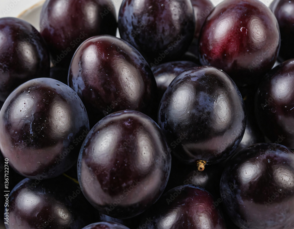 Fototapeta premium Glossy Black Plums Stacked Together in Close-up View