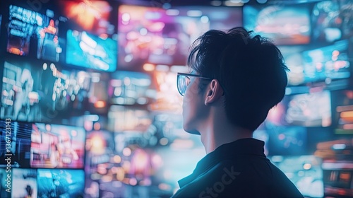 A young individual with glasses gazes thoughtfully at a vibrant display of digital screens showcasing various images, creating a dynamic atmosphere filled with colorful lights and technology