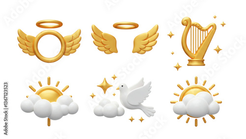 Cartoon Angelic Elements Set with Wings Harp and Dove for Design