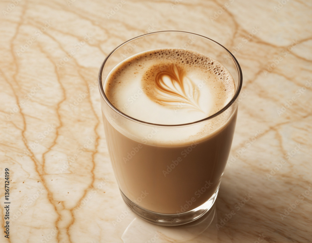 Coffee with milk in a transparent glass on marble on a beige background Coffee with milk in a transparent glass on marble on a beige background