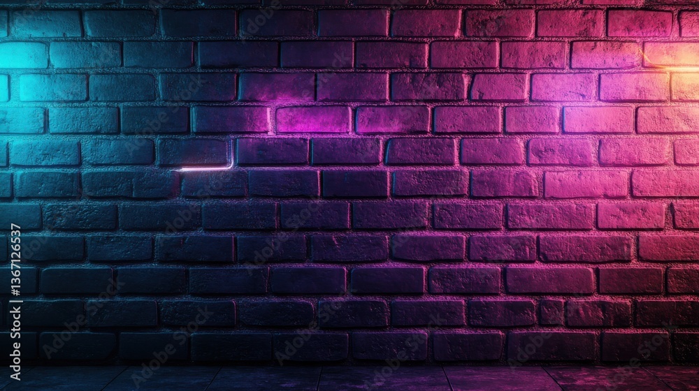 Brick wall with neon lighting, abstract background. Urban style and modern art concept illustration