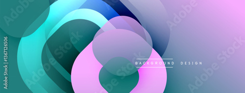 Circular abstract design with overlapping translucent circles and round shapes, blending gradients and smooth curves, creating depth, contrast, and a dynamic visual effect