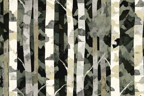 A forest of camouflage trees where the trunks are designed to mimic the shapes of distant mountains, seamless pattern, forest camouflage