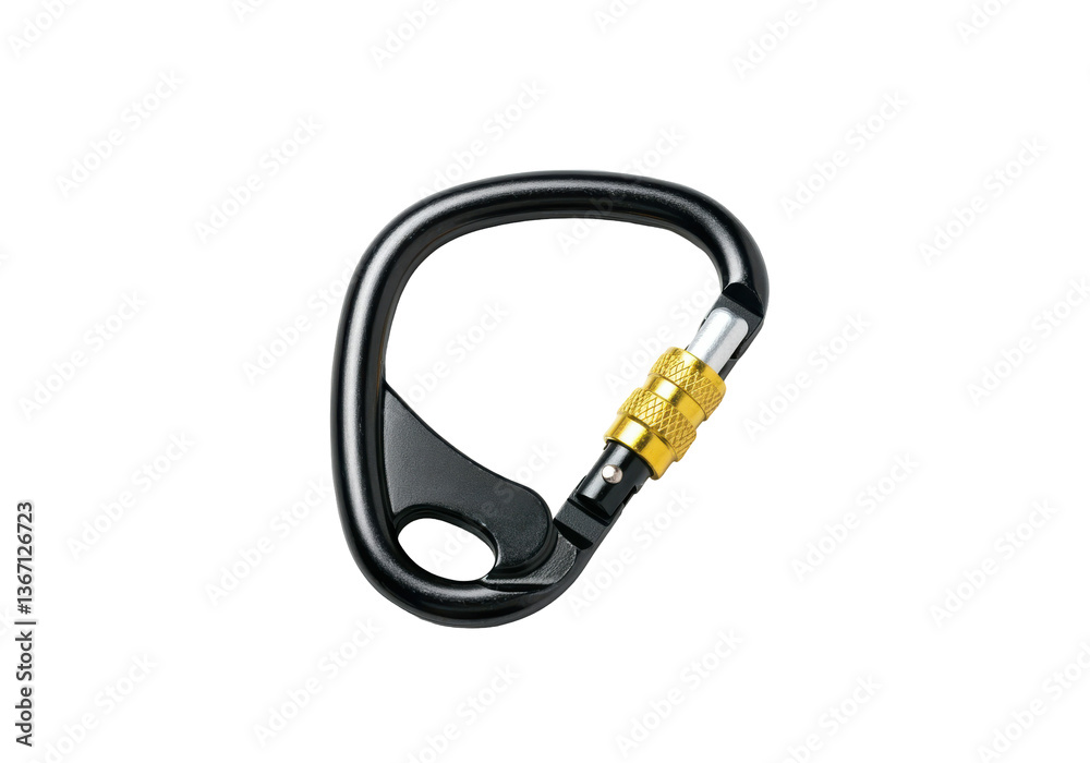 A floating carabiner keychain with a secure lock, isolated on a solid white background.