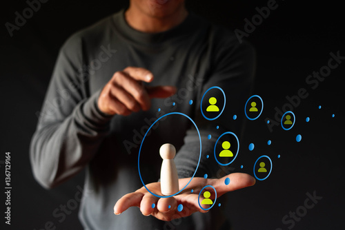 Customer Relationship Management Concept, Businessman holding global customer network technology, developing information exchange, customer service, social media, therefore display icons on 