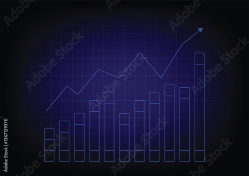Stock and investment concept. Upper arrow with bar graph on a table background. Bullish market, profit of wealth, high risk high return, business growth up.