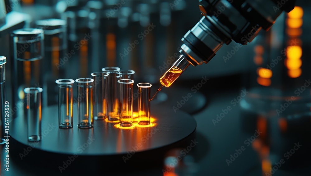 A closeup view of a robotic gripper meticulously picking up a labeled sample tube illustrating the automations dexterity and careful handling of potentially volatile substances with A closeup view of a robotic gripper meticulously picking up a labeled sample tube illustrating the automations dexterity and careful handling of potentially volatile substances with
