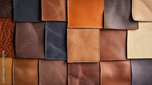 Assorted leather swatches displaying diverse textures and colors