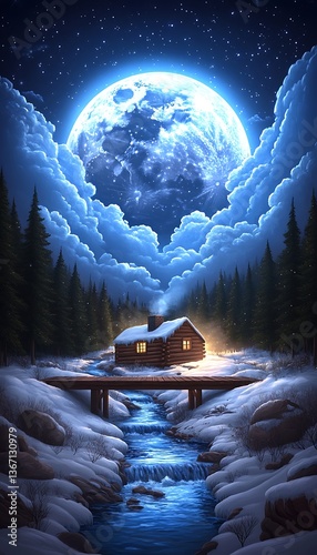 Winter Cabin Moonlight Dream