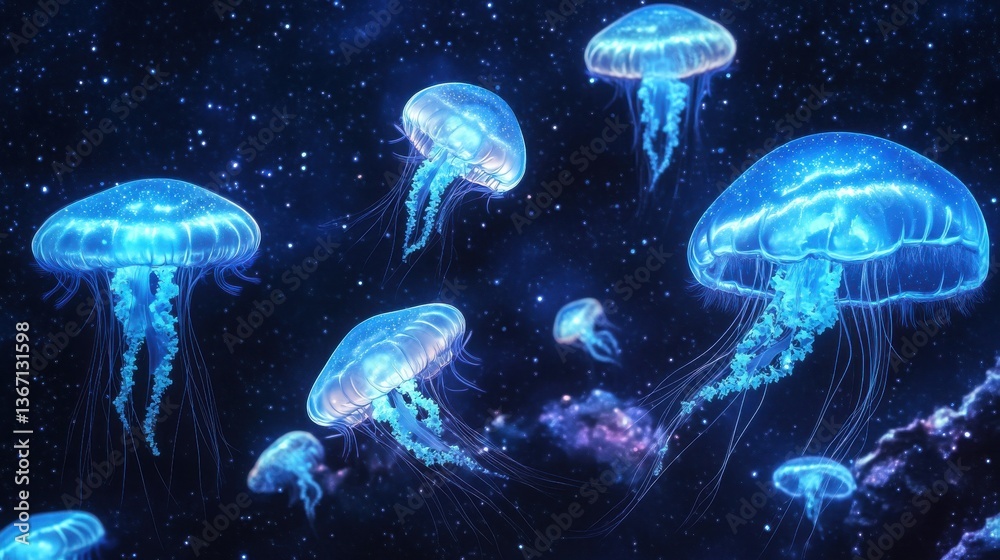 A surreal and mesmerizing cosmic scene featuring glowing, bioluminescent jellyfish floating in space illustration