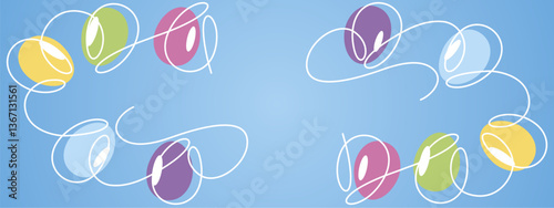 Happy Easter background. Happy Easter continuous handwritten line design with pastel colors Easter eggs all around on light blue background