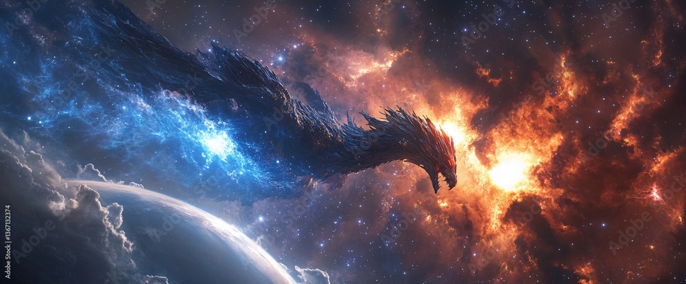 Fototapeta premium Cosmic Leviathan: A Celestial Dragon Amidst Nebula and Planetary Vista
