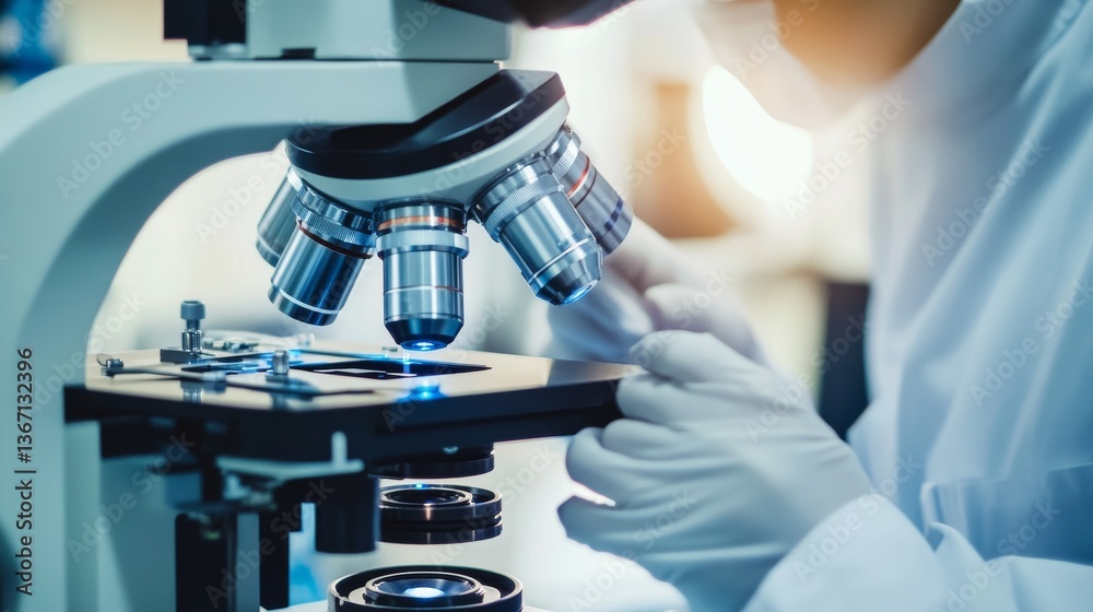 A researcher using an electron microscope for material analysis, high-tech lab background with microscopes and sample materials, Nano-tech style A researcher using an electron microscope for material analysis, high-tech lab background with microscopes and sample materials, Nano-tech style
