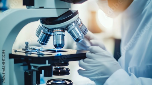 A researcher using an electron microscope for material analysis, high-tech lab background with microscopes and sample materials, Nano-tech style