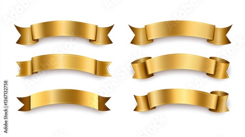 Set of gold banner label ribbons with white background. Generated by artificial intelligence. illustration