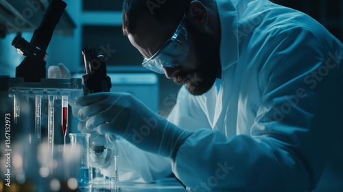 A researcher working with advanced biomedical equipment, medical lab background with diagnostic tools and test tubes, Health-tech style photo