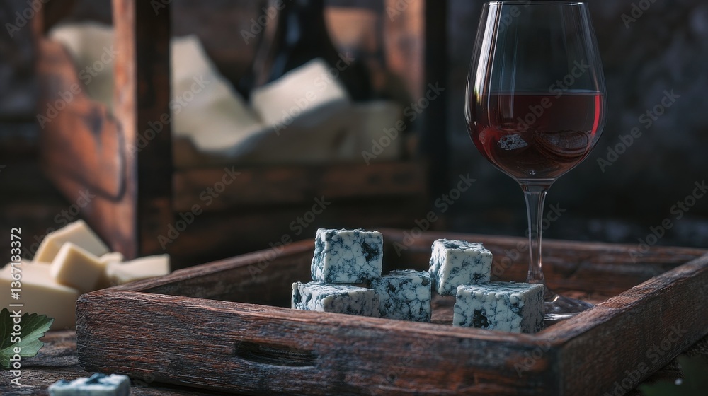 A rustic wooden tray with a glass of merlot and blue cheese cubes. Generative AI illustration A rustic wooden tray with a glass of merlot and blue cheese cubes. Generative AI illustration