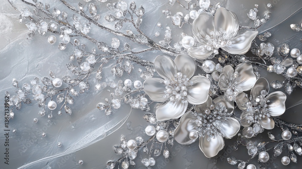 A symphony of delicate silver blossoms adorned with shimmering pearls and sparkling glitter, a visual feast of elegance and refinement. illustration A symphony of delicate silver blossoms adorned with shimmering pearls and sparkling glitter, a visual feast of elegance and refinement. illustration