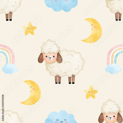 Watercolor seamless pattern with lamb, moon, rainbow, star and cloud on cream color background.